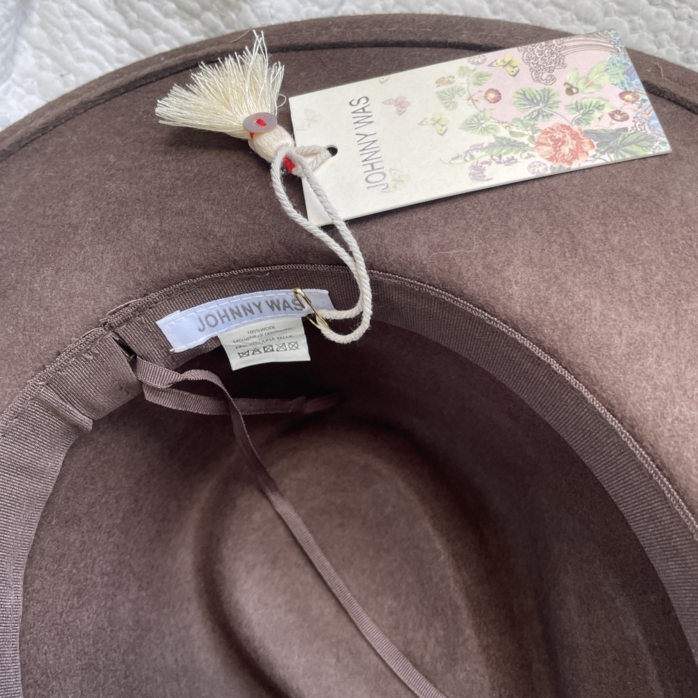 Johnny Was Brown 100% Wool Wide Brim Fedora Hat with Floral Print Silk Band - Picture 2 of 6